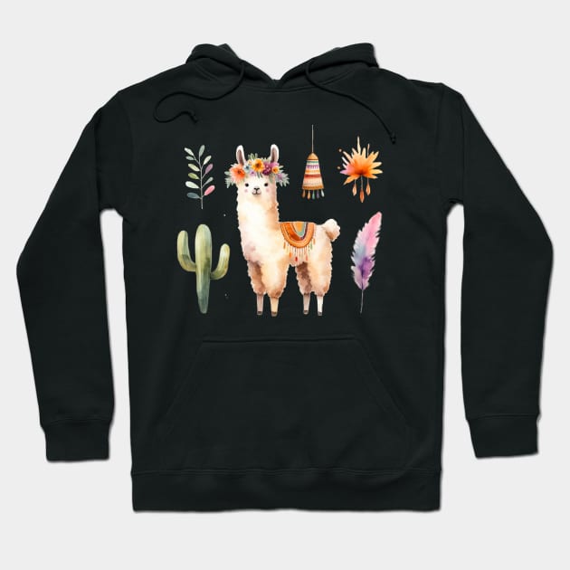 Llama Watercolor Painting Alpaca Graphic Art Hoodie by Star Fragment Designs